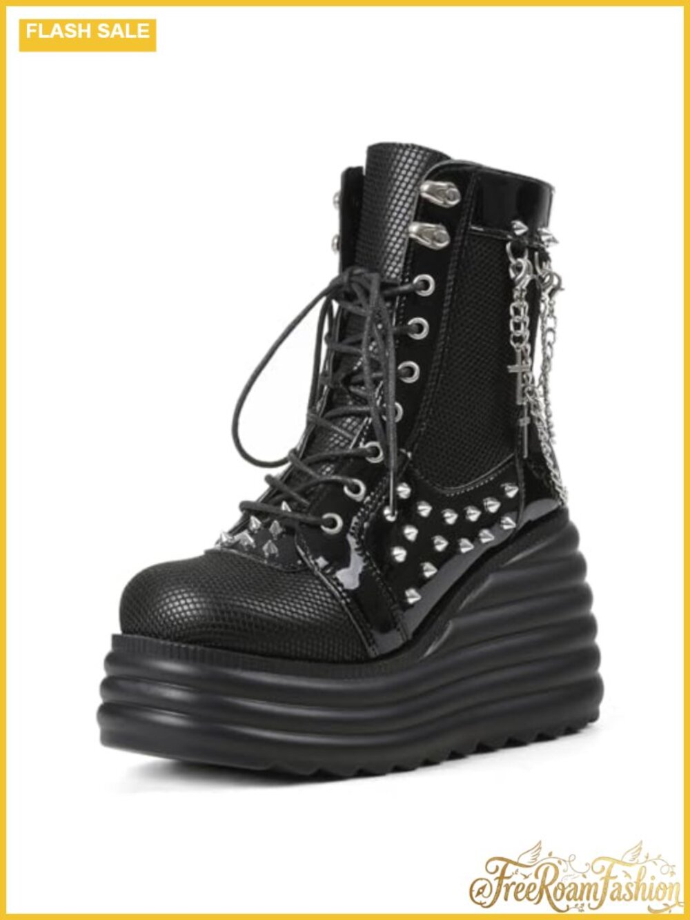 Platform Goth Ankle Boots Punk Studded Faux Leather Combat Booties